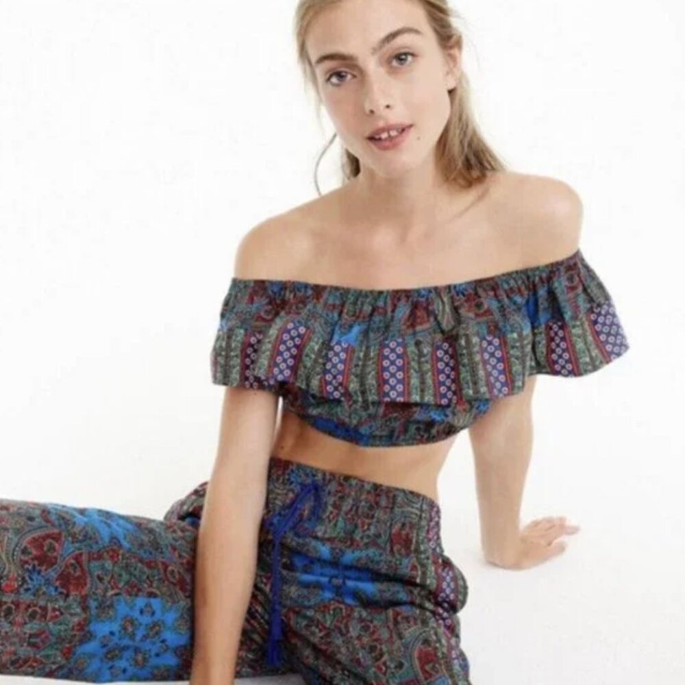 J. Crew Blue Paisley Ruffle Off-Shoulder Crop Top